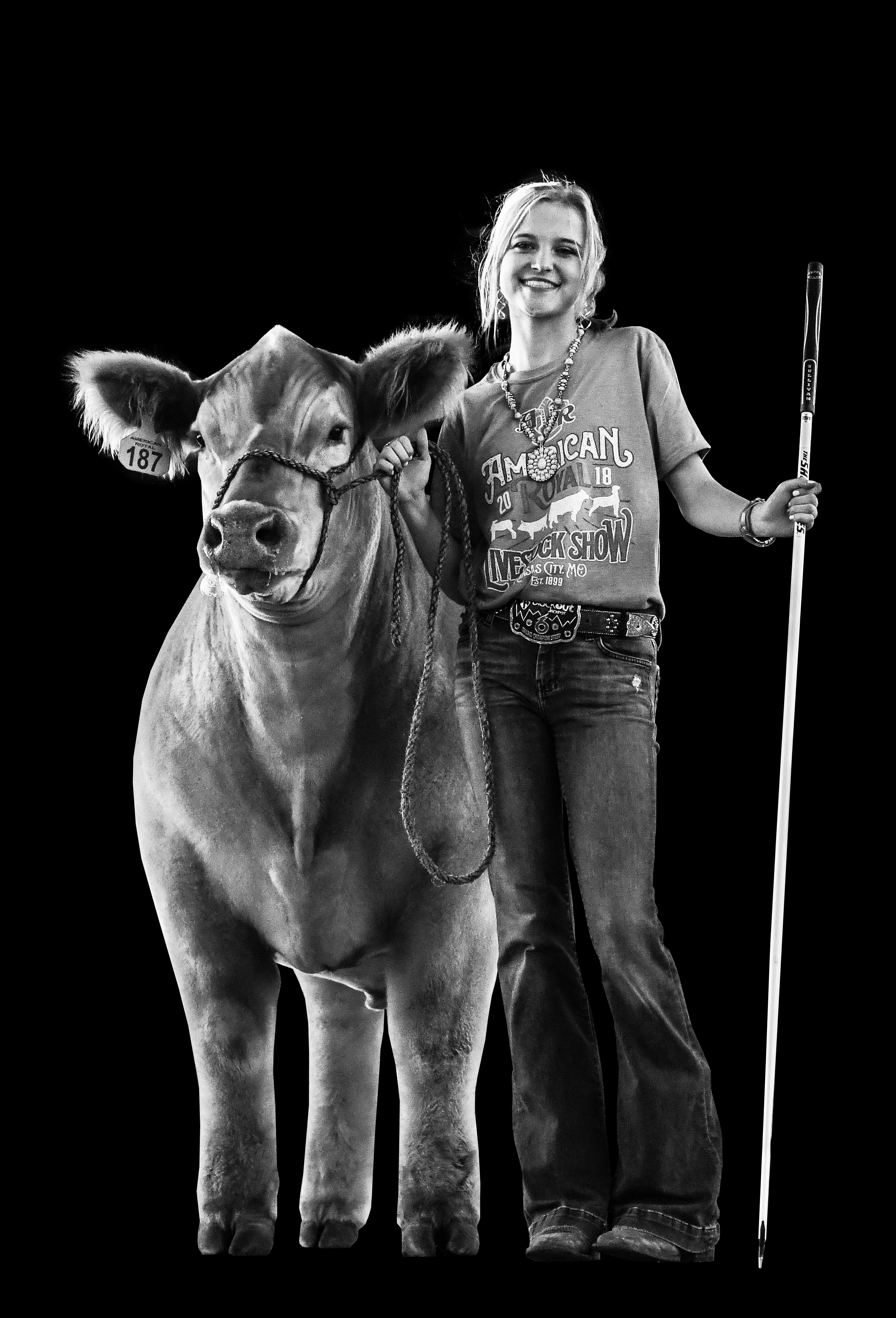 black and white photo of a girl and a bull